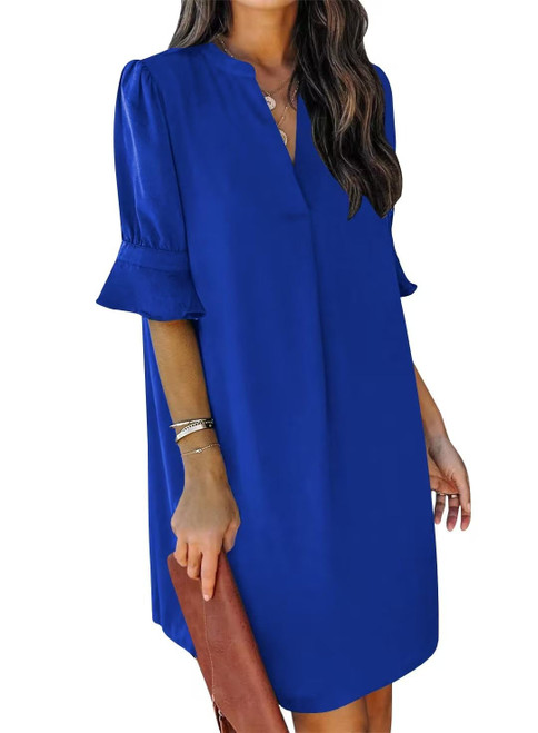 JOCAFIYE Women's Casual Dresses Short Sleeve V-Neck Dress Summer Ruffled Sleeve Shift Dress Royal Blue M