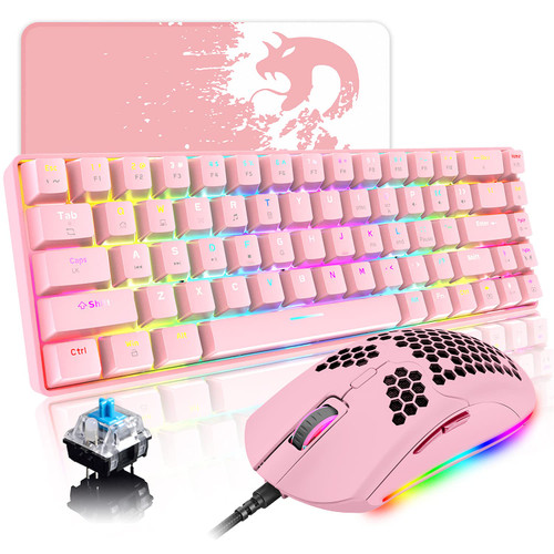 Compact 60% Mechanical Gaming Keyboard and Mouse Combo with Ergonomic Anti-ghosting 68 Key Rainbow RGB Backlight 6400DPI Honeycomb Mice Type-C Wired for PC Mac Gamer Office Typist(Pink/Blue Switch)