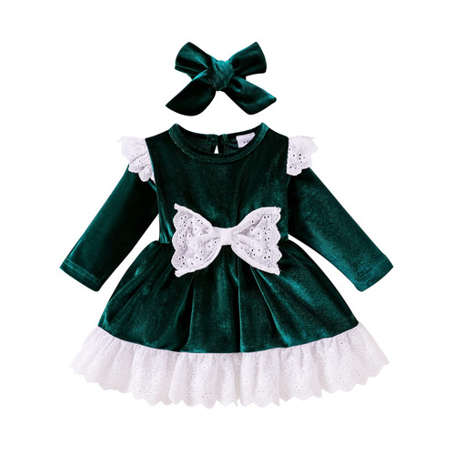 Christmas Dress for Baby Girls: Vintage Long Sleeve Princess Lace Velvet Dress Toddler Kids Fall Winter Dress Wedding Birthday Party Dress with Headband Green White 12-18 Months Christmas Dress for Baby Girls: Vintage Long Sleeve Princess Lace Velvet Dress Toddler Kids Fall Winter Dress Wedding Birthday Party Dress with Headband Green White 12-18 Months