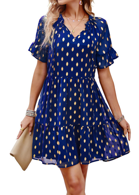 KIRUNDO Women's 2023 Summer Ruffle Short Sleeve V Neck Polka Dot Mini Babydoll Dress Casual Tiered Flowy Short Dresses(Style2-Royal Blue, Small)