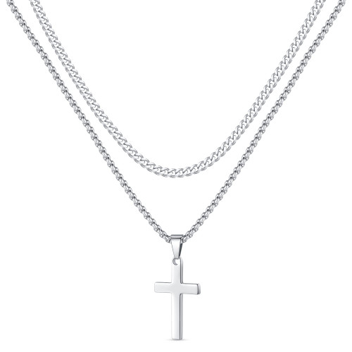 Silver Cross Chain Necklaces for Men, Stainless Steel Cuban Link Cross Mens Chain Necklace Silver Chain Cross Pendant Necklace for Men Women Boys Simple Mens Jewelry Mens Chain Cross Necklace 22 Inche