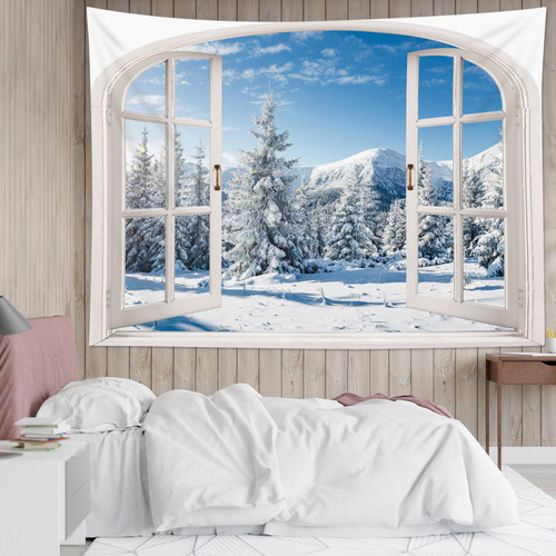 LB Winter Forest Tapestry Wall Hanging White Window Outside Snow Covered Pine Tree Mountain Wall Tapestry for Bedroom Aesthetic Blue Sky Tapestry for Living Room College Dorm Decor,59Wx51H inch