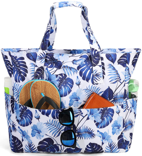 LEDAOU Large Beach Tote Bag Women Waterproof Sandproof Zipper for Pool Gym Grocery Travel with Wet Pocket (Flowers)