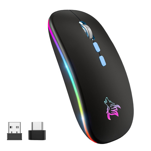 BQSS LED Wireless Mouse, Slim Rechargeable Silent Portable USB Optical 2.4G Wireless Bluetooth Two Mode Computer Mice with USB Receiver and Type C Adapter-Black