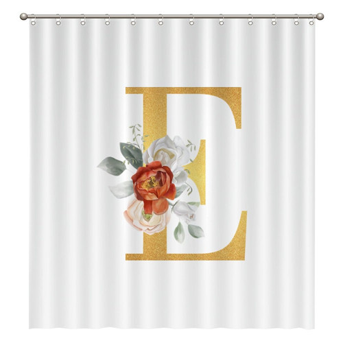 Bathroom Shower Curtains with Hooks 72x92 Inch,Rose Floral Gold Monogram Letter Initial E Shower Curtain Waterproof Fabric Bath Shower Curtain for Bathroom Bathtubs Decoration