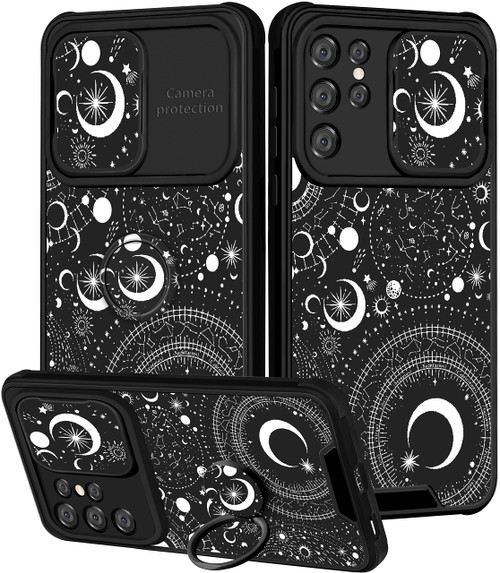 Goocrux (2in1 for Samsung Galaxy S21 Ultra Case Moon Stars for Women Girls Cute Phone Cover Fashion Starry Planet Print Pattern Design with Slide Camera Cover+Ring Holder Cases for S21 Ultra 6.8''