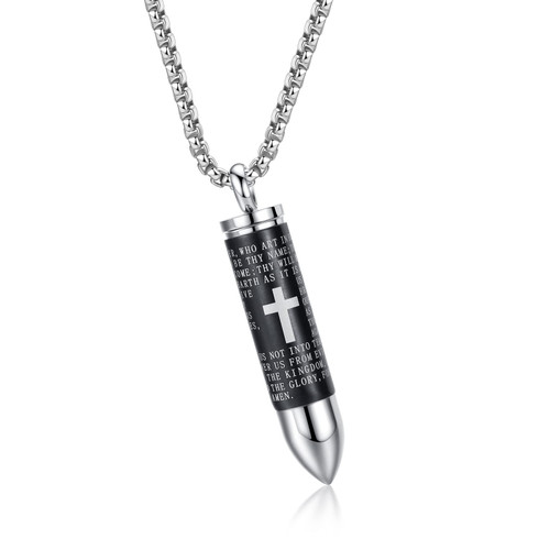 MONIYA Stainless Steel Bullet Pendant Urn Ashes Necklace Cross Lords Prayer in English, 22inch Box Chain (Silver-Black)