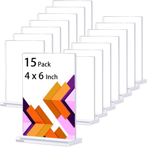 NDSWKR 15 Pack Acrylic Sign Holder, 4 x 6 Inch Acrylic Table Menu Display Stand, T Shape Double-Sided Flyer Display Holder for Wedding, Restaurants, Office, School, Home, Store