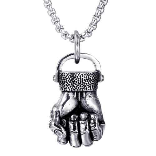 OAKKY Men's Stainless Steel Silver Black Vintage Hip Hop Punk Fist Pattern Pendant Necklace 23.6 Inch Chain