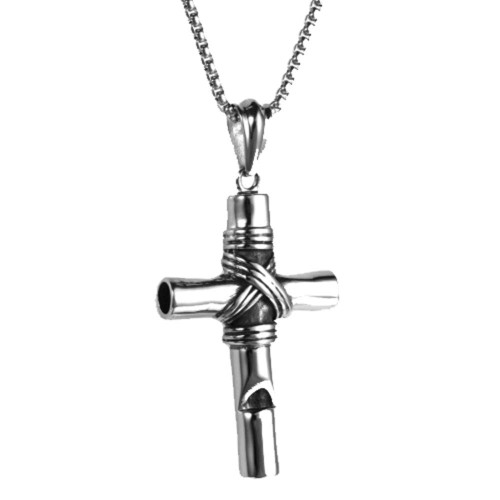 OAKKY Men's Titanium Steel Silver Vintage Whistle Cross Pendant Necklace with 21.6 Inches Chain