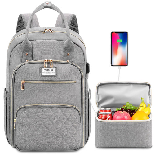 ETRONIK Lunch Backpack for Women, 15.6 inch Laptop Backpack with USB Port, Teacher Nurse Work Backpack with Insulated Cooler Lunch Bag, Travel Bags for Women & Men, Gift, Grey ETRONIK Lunch Backpack for Women, 15.6 inch Laptop Backpack with USB Port, Teacher Nurse Work Backpack with Insulated Cooler Lunch Bag, Travel Bags for Women & Men, Gift, Grey