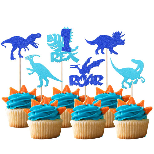 Rsstarxi 24 Pack Dinosaur One Birthday Cupcake Toppers Glitter 1 Rex Roar 1st Birthday Dinosaur Cupcake Picks for Baby One Year Old Dino Theme Baby Shower First Birthday Party Cake Decorations Blue