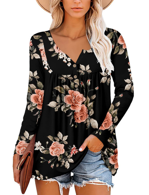 Woman Floral Tunic Tops Long Sleeve Henley V Neck Buttons Up Casual Shirt Black L Woman Floral Tunic Tops Long Sleeve Henley V Neck Buttons Up Casual Shirt Black L
