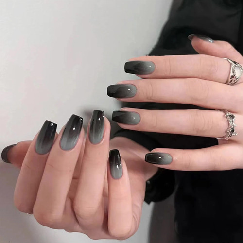 MERVF Coffin Press on Nails Medium Fake Nails Black French Tip Ballerina Glue on Nails with Ombre Design Artificial Green Acrylic Nails Press ons False Nails 24pcs Glossy