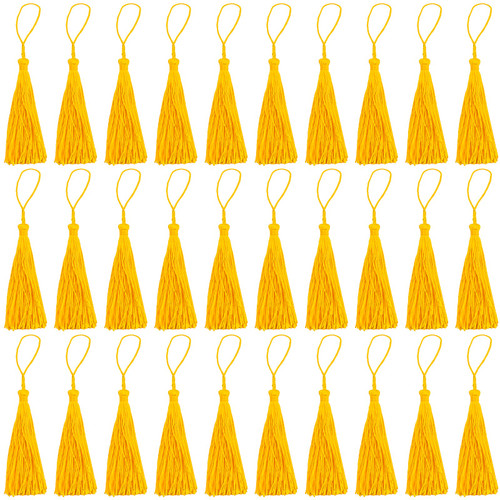VAPKER 30 Pieces Yellow Tassels 13cm/5-Inch Silky Handmade Soft Mini Tassels Floss Bookmark Tassels with 2-Inch Cord Loop for Jewelry Making, DIY Projects, Bookmarks