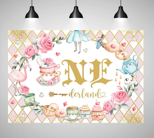Onederland 1st Birthday Backdrop for Girls Pink Floral Wonderland Tea Party Photography Background Girl Birthday Party Cake Table Banner 5x3ft