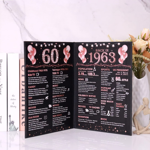 Roetyce 60th Birthday Gifts for Women, Rose Gold Back in 1963 Poster Book, Happy 60th Birthday Decorations Women Men, 60 Years Old Birthday Party Supplies, 60th Anniversary Party Table Centerpieces