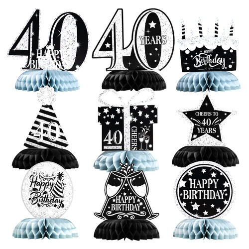 9PCS 40th Birthday Honeycomb Centerpieces Decorations, Cheers to 40 Years Honeycomb Table Topper, 40th Birthday Party Decorations for Men Women (Black and Sliver)