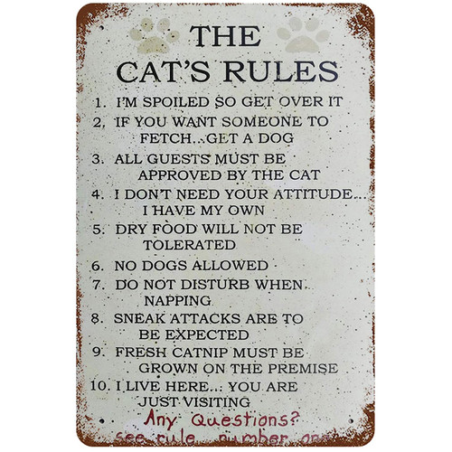 Metal Sign 8"x12" Vintage The Cat's Rules, Retro Wall Decor Cats Paws for Pet Lovers Tin Signs Poster for Home Living Room Bedroom Garden Garage Office Cafe Bar Pub