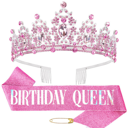 Pink Crystal Tiara & Birthday Queen Sash, Birthday Crowns for Women Birthday Tiara for Women Birthday Sash and Tiara for Women Girls Happy Birthday Crown Birthday Decorations Gift
