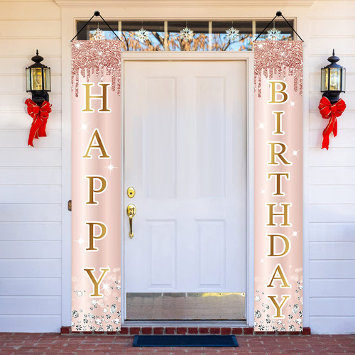 Pink Rose Gold Happy Birthday Door Banner Decorations, Birthday Party Porch Sign Supplies for Women Girls, Sweet 16th 21st 30th 40th 50th 60th Birthday Decor