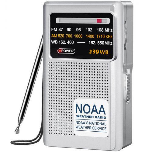 Goodes NOAA Weather Radio - Portable WB/AM/FM NOAA Radio, Large Speaker Transistor Radio with Good Reception and Long Battery Life, Small Radio for Emergency, Powered by 2 AA Batteries - Silver