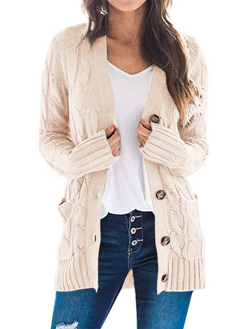 PRETTYGARDEN Women's Open Front Cardigan Sweaters Fashion Button Down Cable Knit Chunky Outwear Coats (Beige,Medium)