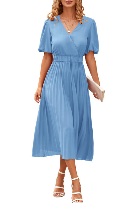 PRETTYGARDEN Women's Summer Pleated Midi Dress Wrap V Neck Puff Sleeve Casual Chiffon A Line Flowy Dresses (Light Blue,Large)