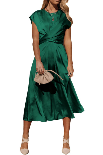 PRETTYGARDEN Women's 2023 Summer Satin Midi Dress Cap Sleeve Tie Waist Elegant A-Line Flowy Dresses (Dark Green,Large)