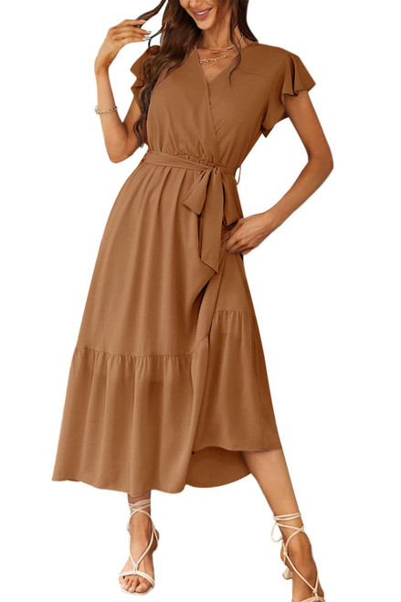 PRETTYGARDEN Women's 2023 Floral Boho Dress Wrap V Neck Short Sleeve Belted Ruffle Hem A-Line Flowy Maxi Dresses (Solid Brown,Medium)