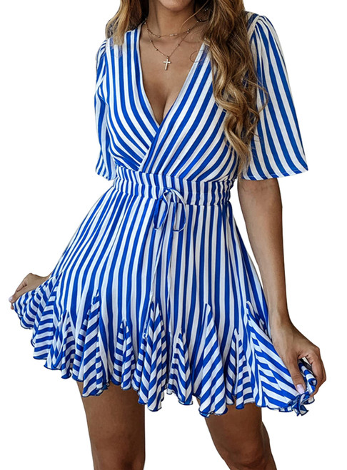 PRETTYGARDEN Women's Casual Summer Striped Dress Short Sleeve Wrap V Neck Ruffle Hem Mini Skater Dresses (Blue,Large)
