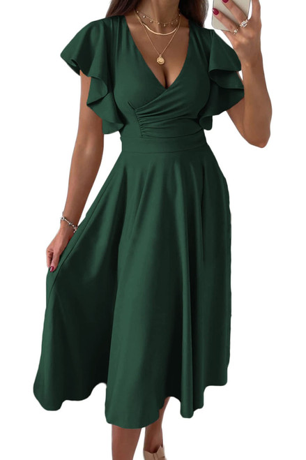 PRETTYGARDEN Women's 2023 Summer Midi Dress Ruffle Cap Sleeve V Neck Swing A Line Cocktail Party Dresses (Dark Green,XX-Large)