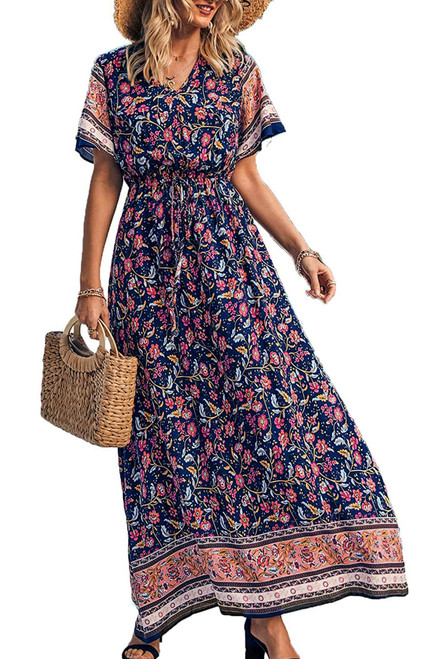 PRETTYGARDEN Women's Casual Summer Boho Floral Print Dress V Neck Short Sleeve High Waist Long Maxi Beach Dresses (Navy,Medium)