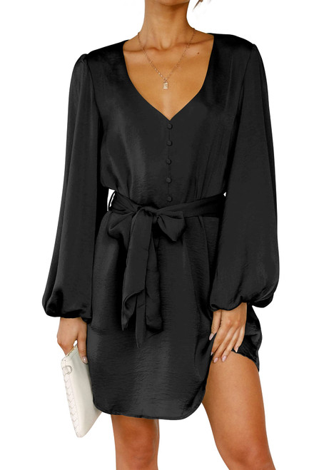 PRETTYGARDEN Women's Spring Long Puff Sleeve Satin Dress V Neck Cocktail Party Belted Short Formal Dresses (Black,Large)