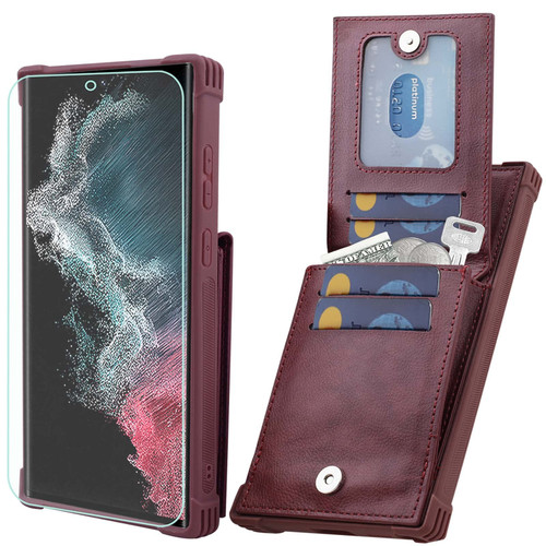 VANAVAGY Galaxy S22 Ultra 5G Wallet Case for Women and Men,Leather Magnetic Clasp Flip Folio Phone Cover with Credit Card Holder and Coin Pocket,Burgundy