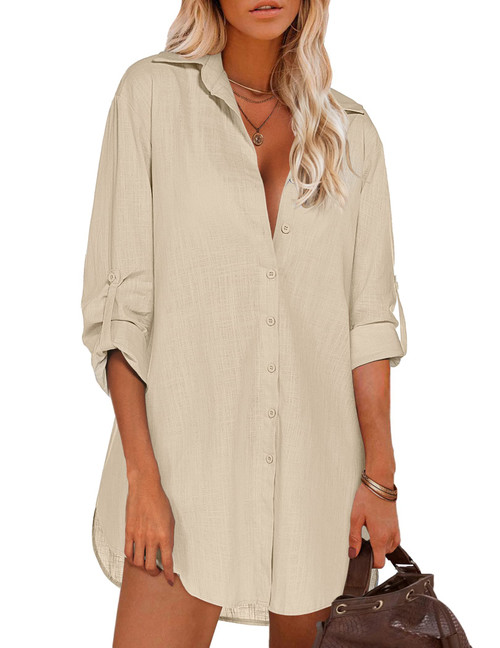 HOTOUCH Long Button Up Shirts for Women Linen Shirts Button Down Shirt Dress, Apricot L