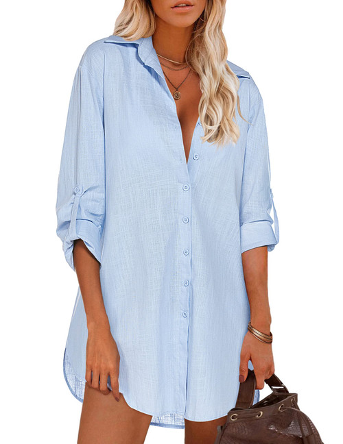 HOTOUCH Women Button Up Linen Shirt Dress Roll Up Long Sleeve Blouse Lightweight Collared Shirts Light Blue L HOTOUCH Women Button Up Linen Shirt Dress Roll Up Long Sleeve Blouse Lightweight Collared Shirts Light Blue L