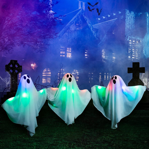 YoleShy Halloween Ghost Yard Stakes with Light Up, Set of 3 Halloween Ghost Decorations, Halloween Yard Stakes for Outdoor Decorations, Halloween Yard Decoration Haunted House Decoration