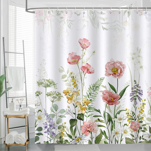 Bonhause Pink Floral Shower Curtain for Bathroom Flower Leaves Plant Decorative Bath Curtain 72 x 78 Inch Polyester Fabric Waterproof Bathroom Curtain with 12 Hooks