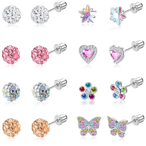 CASSIECA 8 Pairs Hypoallergenic Screwback Earrings for Women Stainless Steel Ball Stud Earrings CZ Heart Butterfly Flower Screw on Backs Earring Studs Tragus Cartilage Piercing Jewelry
