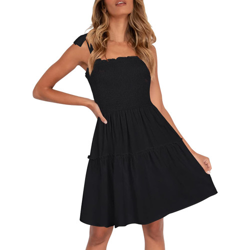 bwgrytuy Women's Sundress Tea Dresses Solid Camisole Summer Ruffle Cami Short Sleeveless Casual Square Neck A-Line Dress