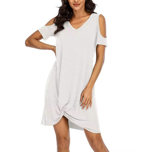 bwgrytuy Women's Tshirt Dress Tunic Breathable Twist Front Short Sleeve Cold Shoulder Summer Casual Short V Neck Gown Dresses Solid White