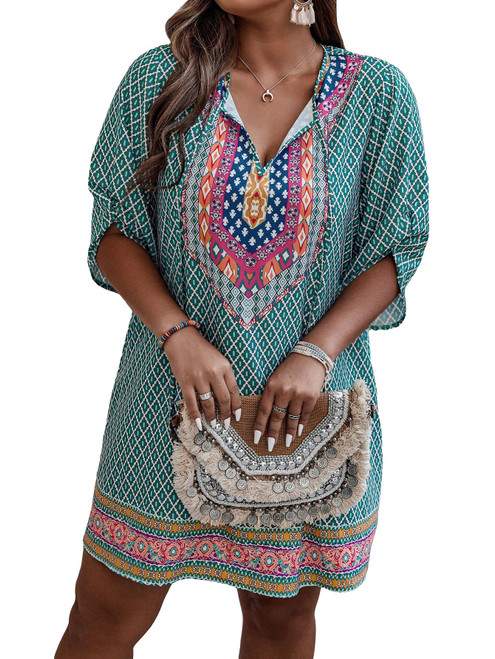 SOLY HUX Women's Plus Size Boho Print Summer Dresses Tie Neck Half Sleeve Tunic Short Dress Multicoloured Geometric 3XL SOLY HUX Women's Plus Size Boho Print Summer Dresses Tie Neck Half Sleeve Tunic Short Dress Multicoloured Geometric 3XL