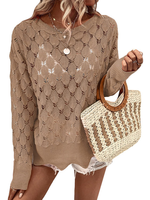 Verdusa Women's Drop Shoulder Scalloped Sweater Pullover Hollow Out Sheer Knit Top Camel M