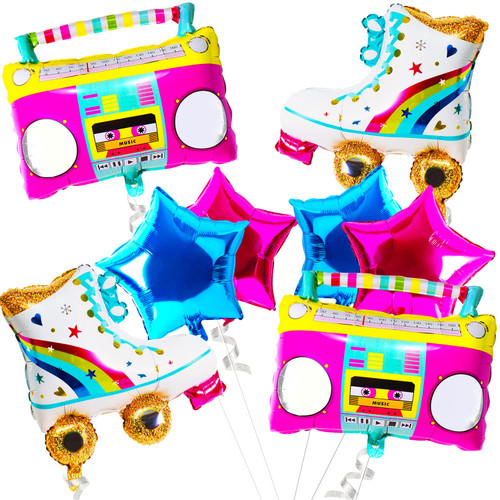 8PCS Roller Skate Balloons Boom Box Balloons for Retro Party Decorations Rainbow Roller Skating Party Balloons for 80s 90s Birthday Disco Party Decorations