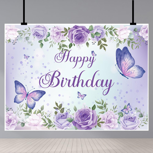 7x5Ft Butterfly Happy Birthday Backdrops Purple Butterfly Rose Flowers Birthday Decorations Girls Birthday Party Backdrop Decoration Cake Table Banner Happy Birthday Photography Background