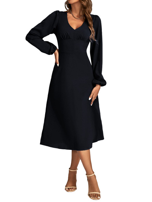 Rooscier Women's V Neck Lantern Long Sleeve Ruched High Waist A Line Elegant Midi Dress Black X-Large