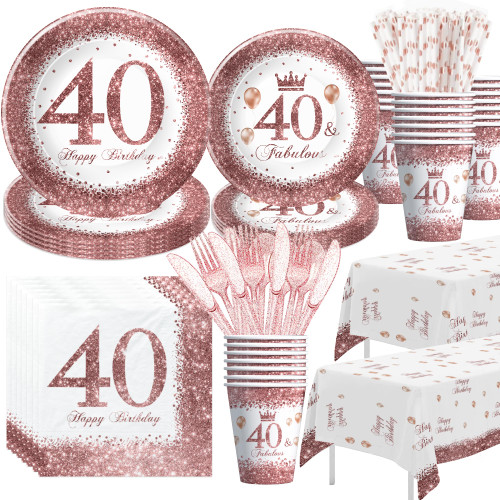 Xigejob 40th Birthday Decorations Women Tableware, Rose Gold 40 And Fabulous Decorations Dinnerware, Plate, Cup, Napkin, Tablecloth, Cutlery, Happy Forty 40-Year-Old Birthday Party Supplies | Serve 24