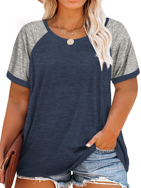 Plus Size Tops for Women 3X Summer Color Block Tee Shirts Navy Blue 24W