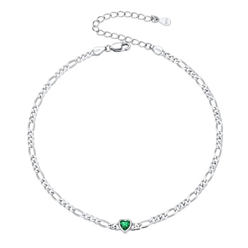 SILVERCUTE May Birthstone Ankle Bracelet 925 Sterling Silver 3mm Figaro Chain Anklets for Women, 8.5"-10.5"